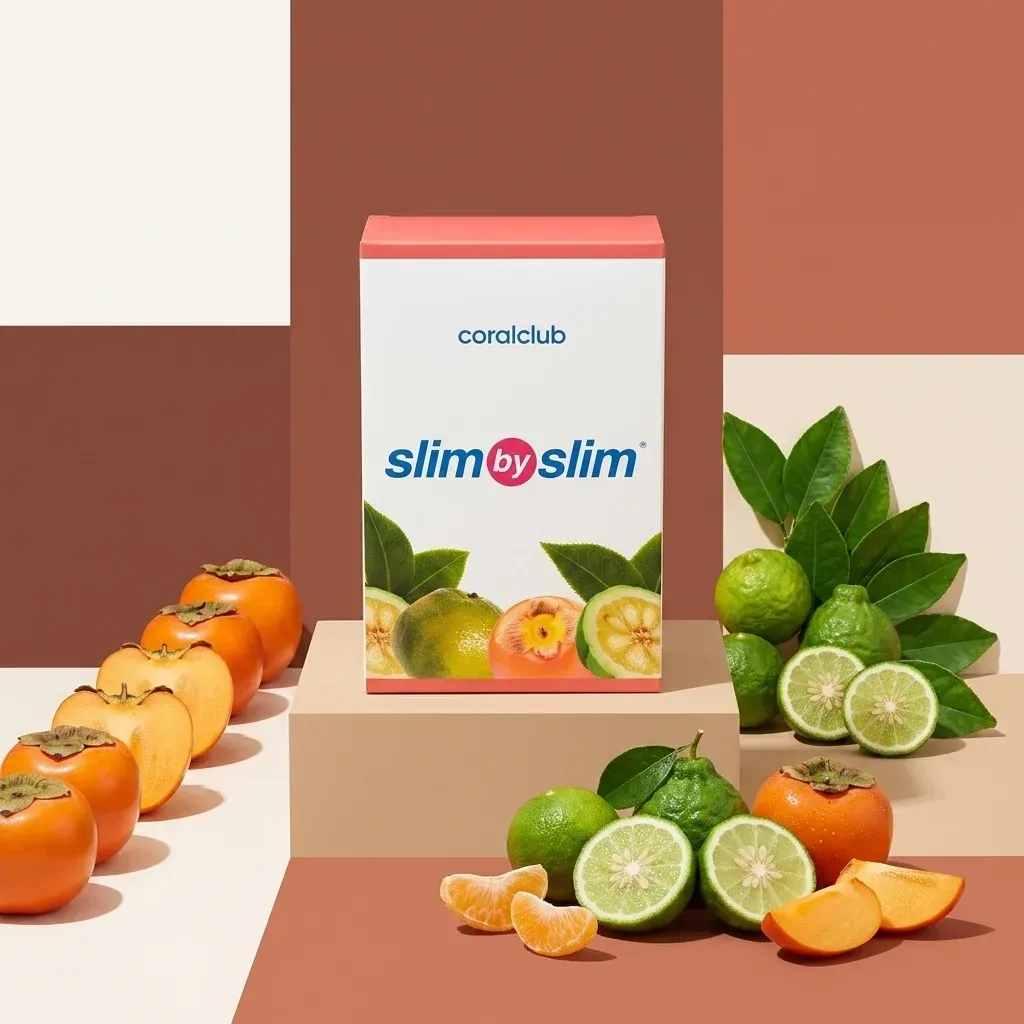 Slim by Slim ingredient box with fresh fruits including persimmons, limes, and mandarins.