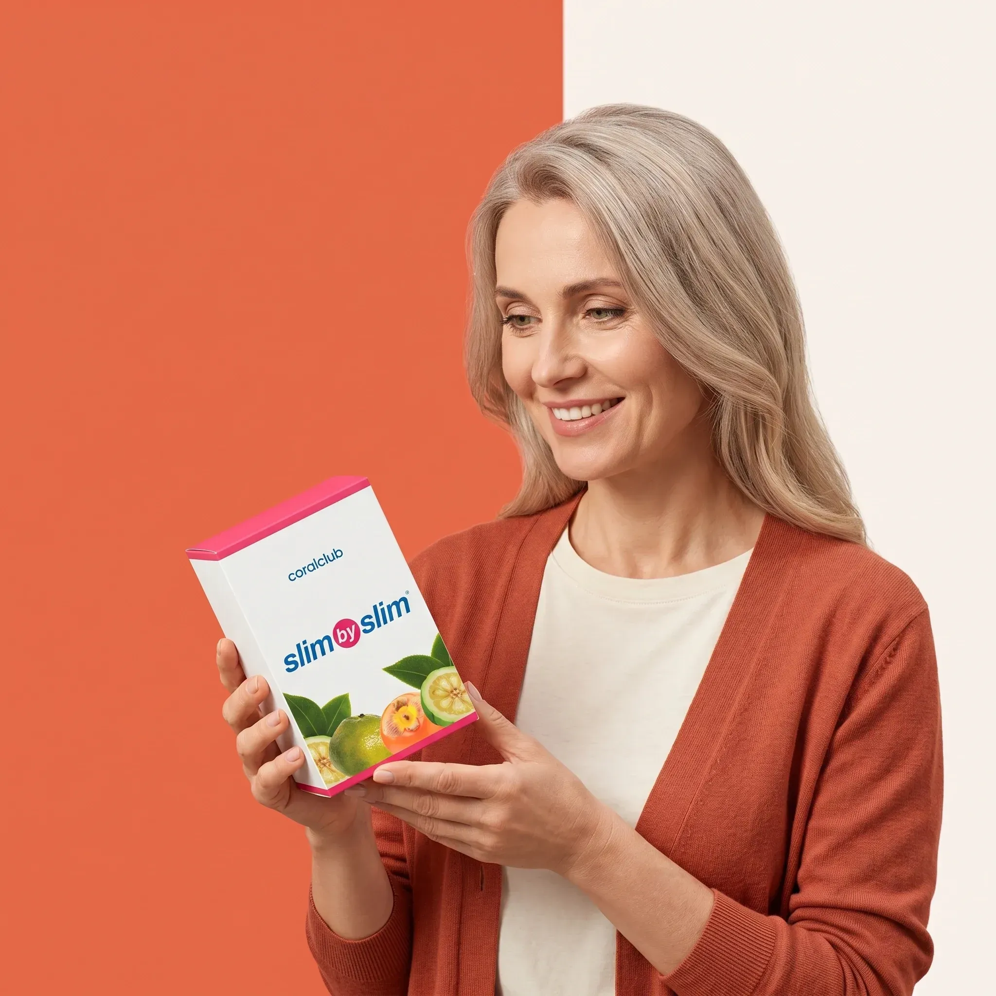 Woman holding Slim by Slim product box in a lifestyle setting with orange and cream background.