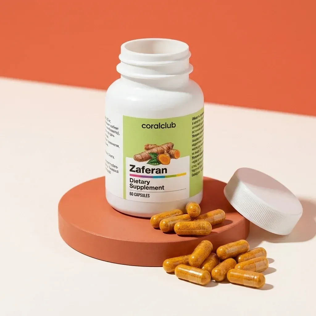 Zaferan dietary supplement bottle with capsules on a colored surface.