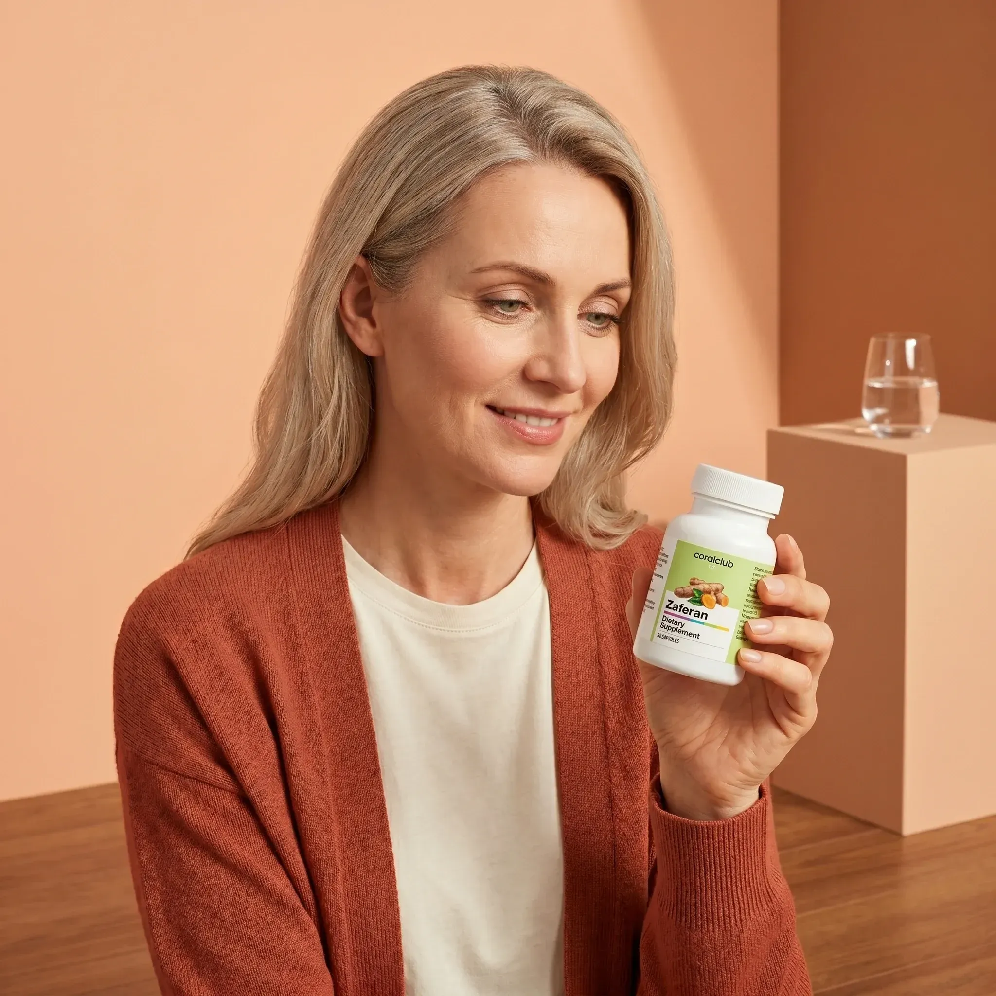 Woman holding Zaferan supplement bottle in a warm, minimalist setting.