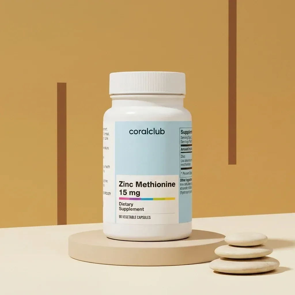 Zinc Methionine 15 mg dietary supplement packshot with white bottle and minimalist background.